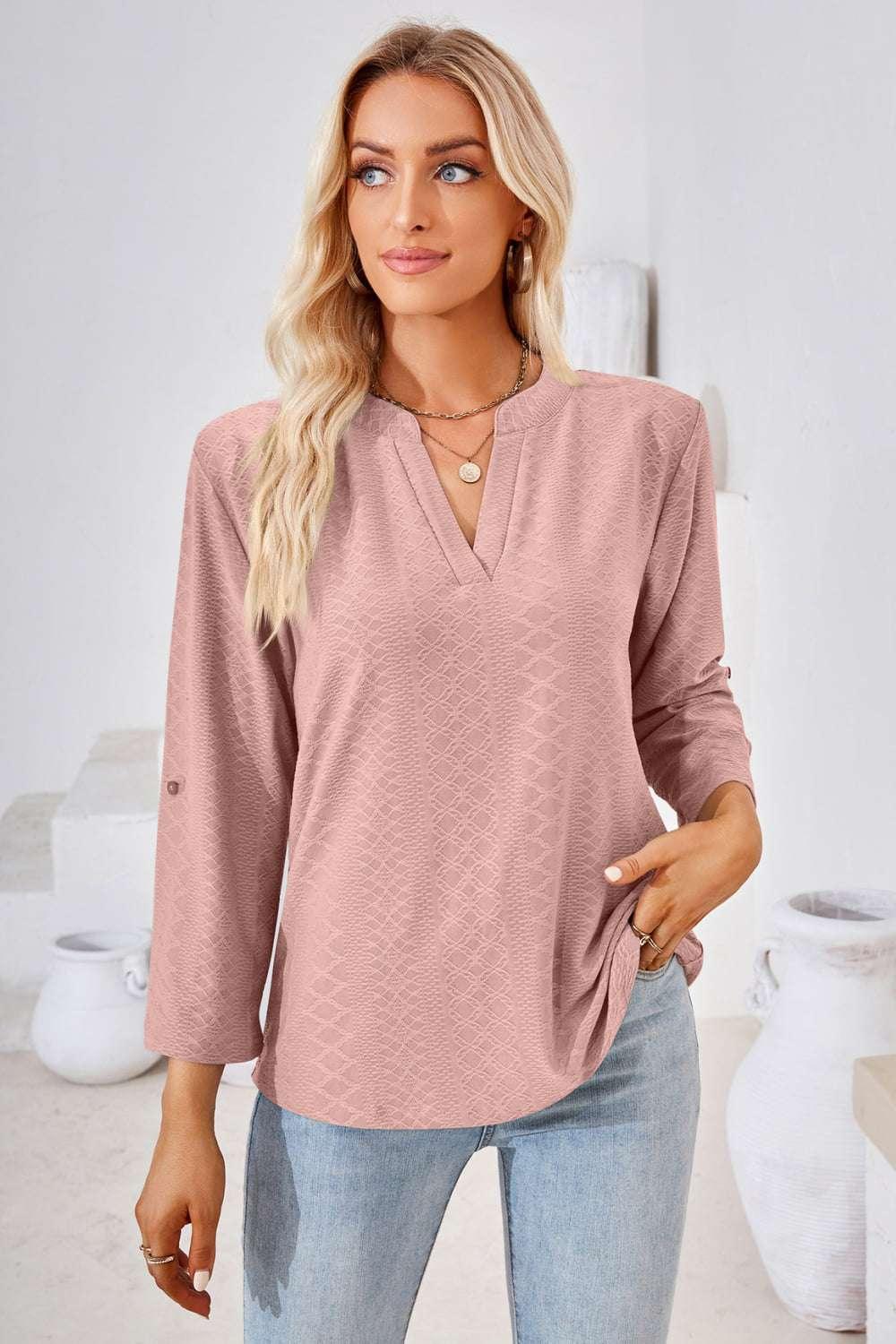 V - Neck Roll - Tap Sleeve Blouse - VILLA FASHION